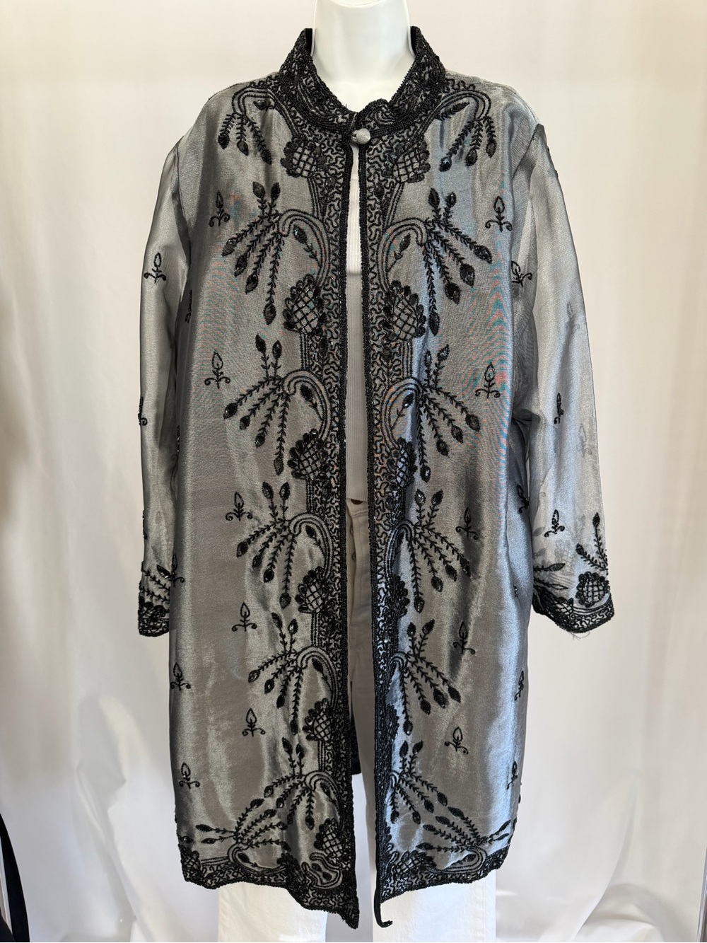80s/90s Beaded Evening Jacket Silver Metallic Duster by Candlelight & Champagne